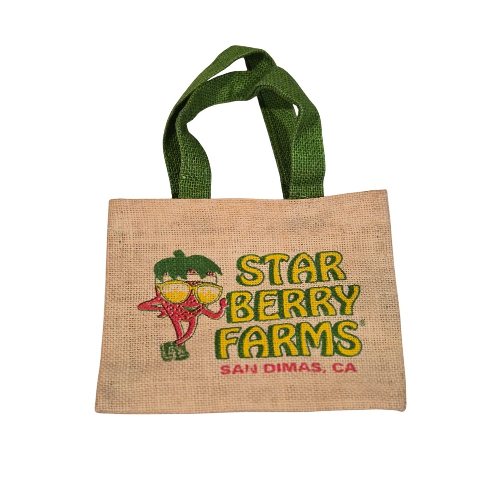 Star Berry Farms San Dimas CA Mini Burlap Jute Tote Bag Green Tan Small Gift Bag